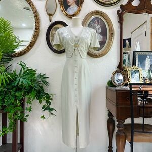 Elegant Cream Button-Front Midi Dress with Lace Yoke